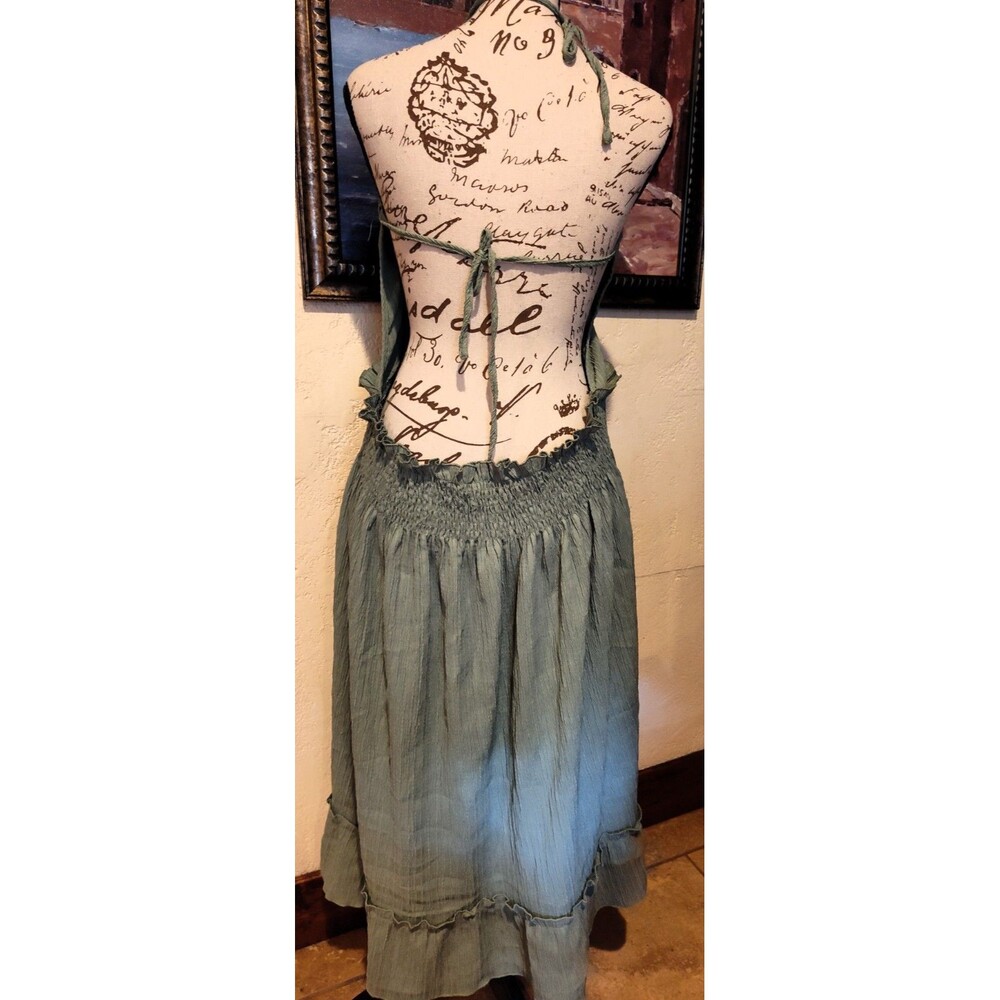 Moss Green Stretch Crinkle Tie Back Halter Dress w Ruffles Adjustable Sz M/XL - Picture 2 of 2